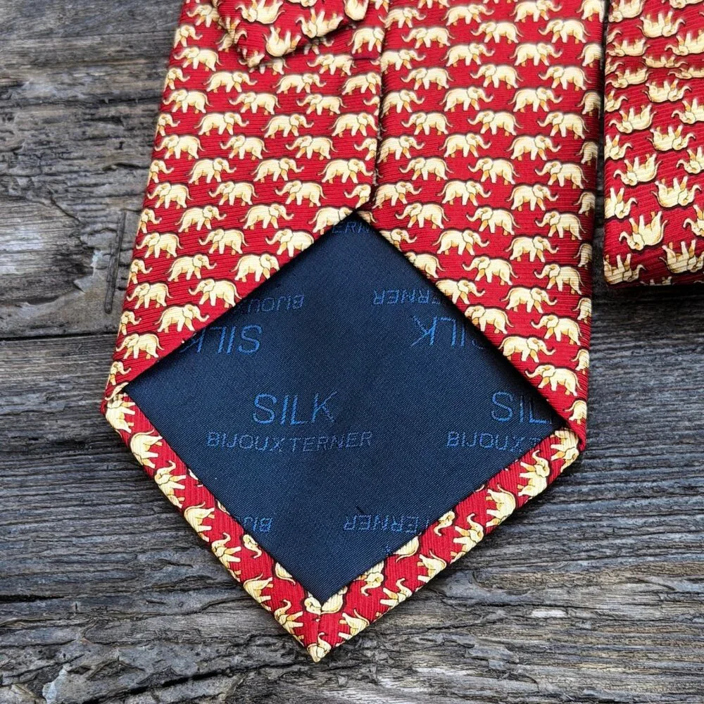 Vintage Bijoux Terner Elephant Endangered Wildlife Handmade Silk Neck Tie Men's